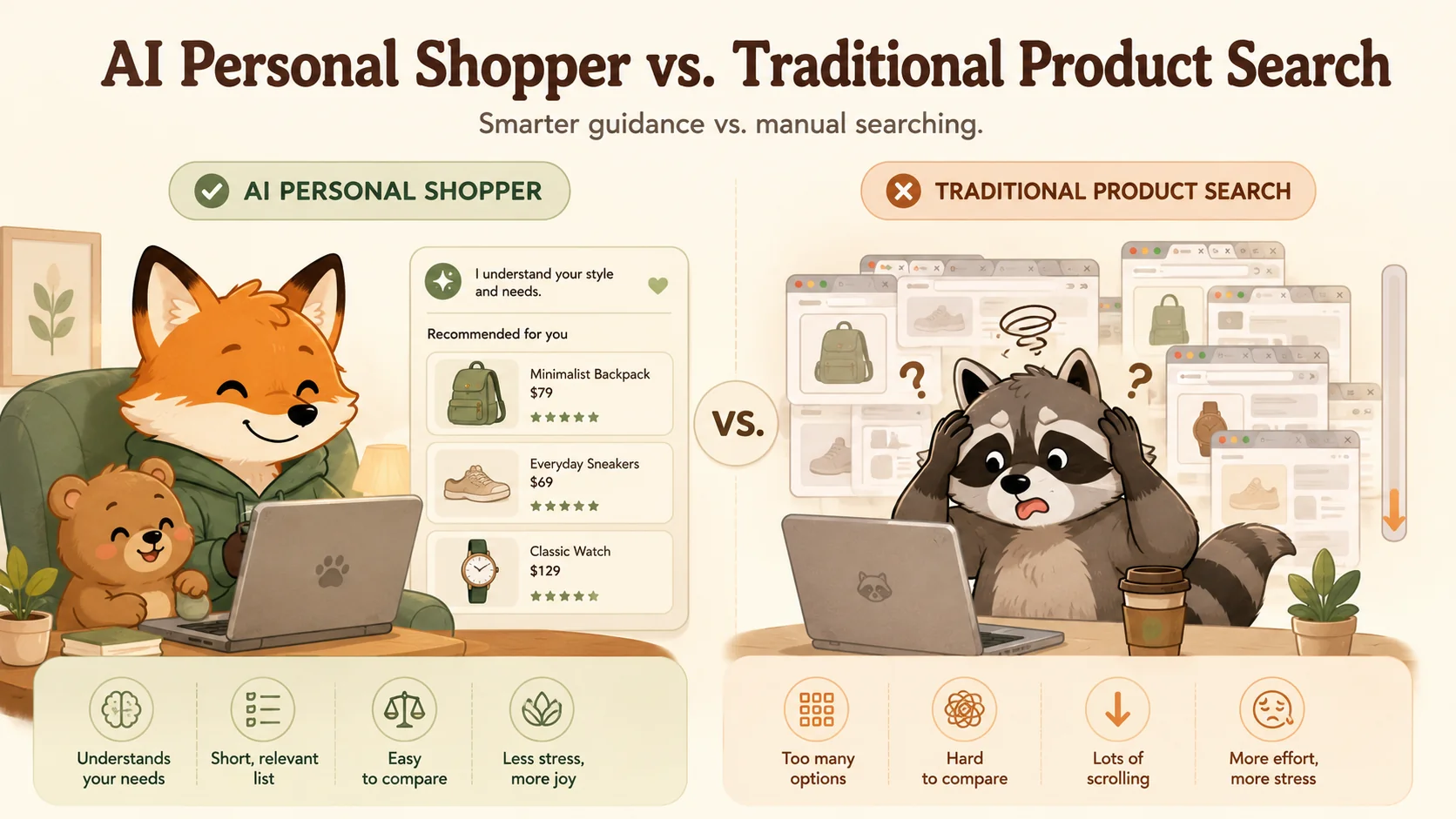 AI personal shopper vs traditional product search comparison with animal characters