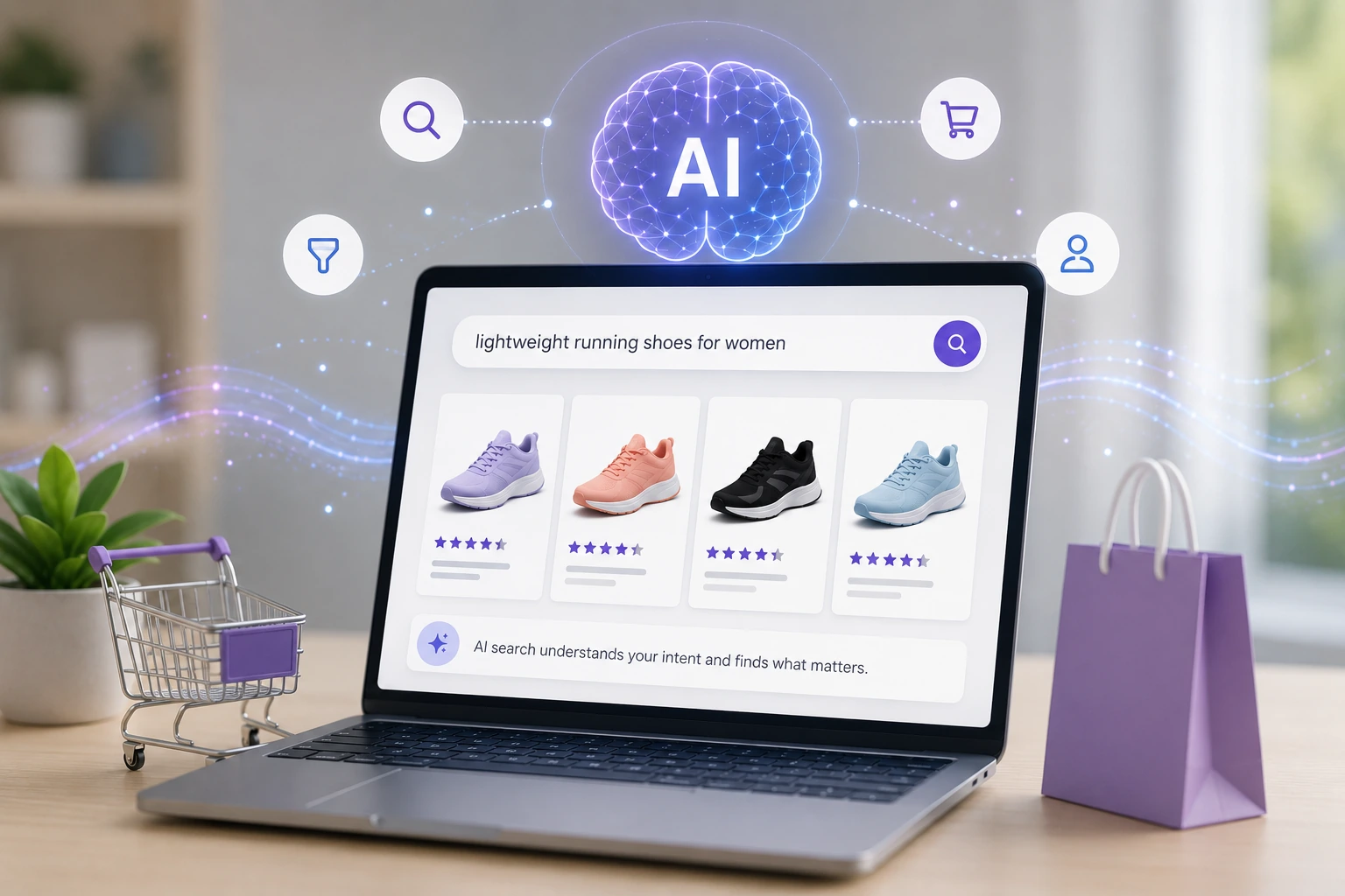 AI search for ecommerce interface showing natural language product discovery and personalized results