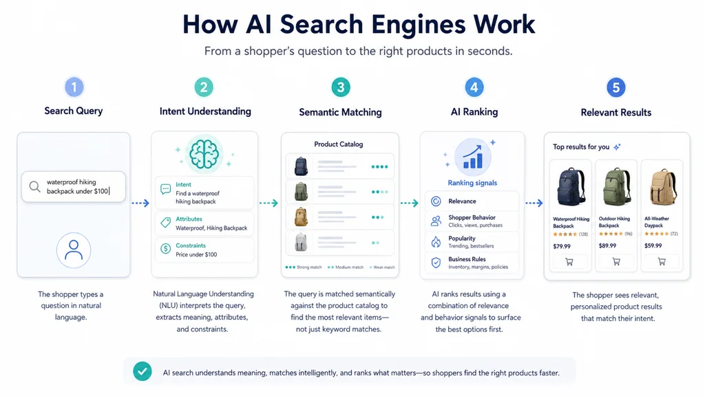 AI search engine workflow showing how a user query is processed through intent understanding, semantic matching, ranking, and relevant ecommerce product results