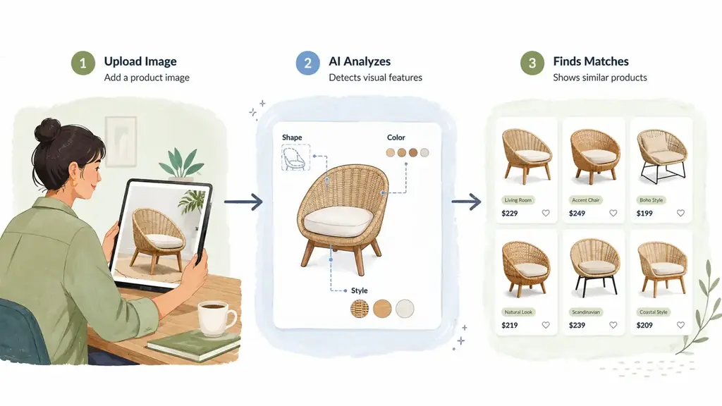 AI visual search process showing how uploaded images are analyzed and matched with ecommerce products based on visual features like color, shape and texture