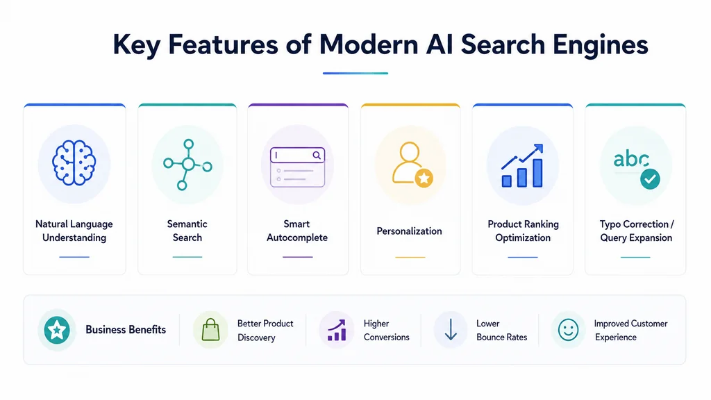 Key features of modern AI search engines in ecommerce including natural language understanding, semantic search, personalization, autocomplete, and ranking optimization