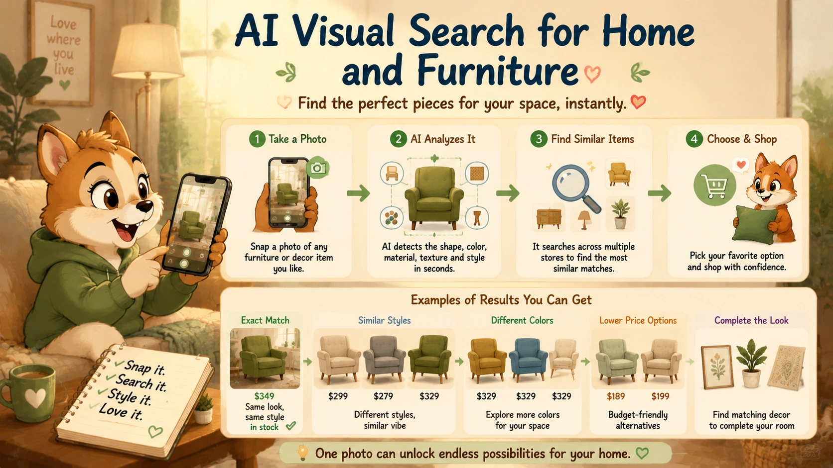 AI visual search for furniture and home decor showing how users can find similar sofas, chairs and decor items from inspiration photos