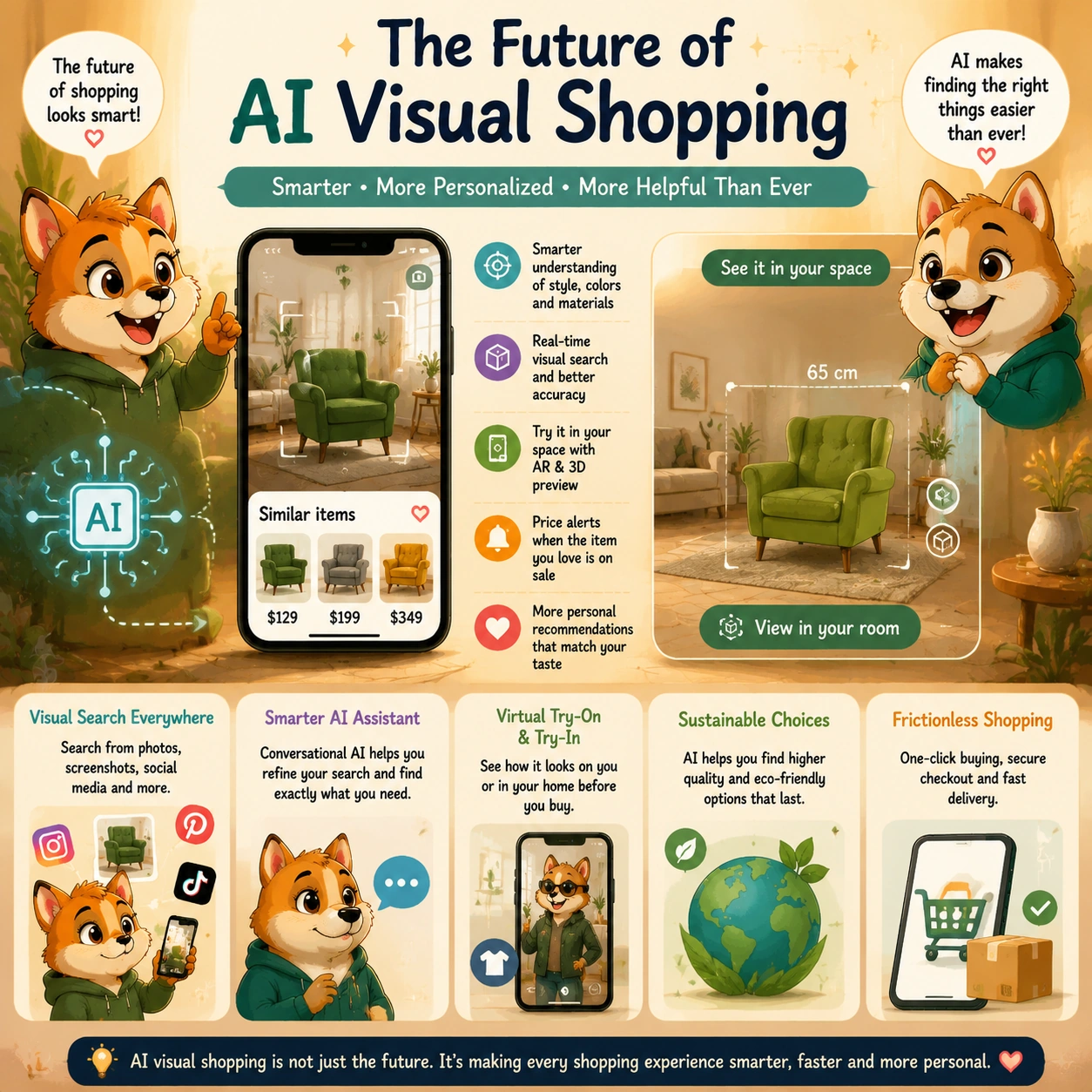 Future of AI visual shopping showing image search, virtual try-on, AR room previews, price alerts, and smarter product recommendations