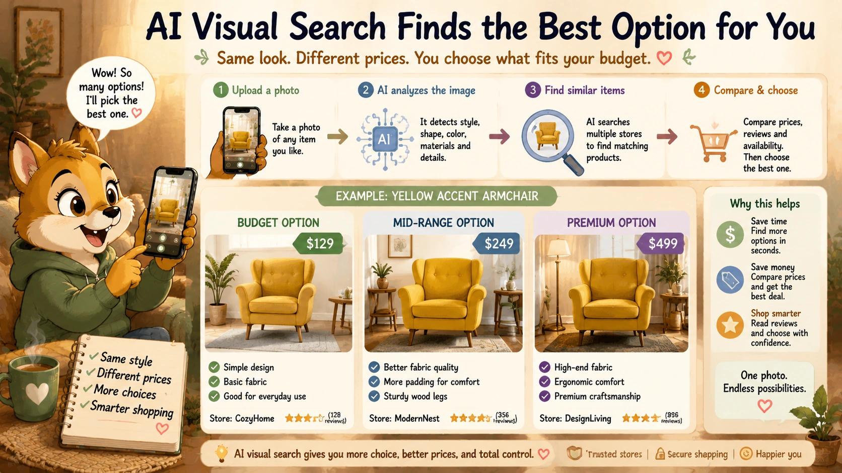 AI visual search comparing similar products at different price levels, including budget, mid-range, and premium options for online shopping