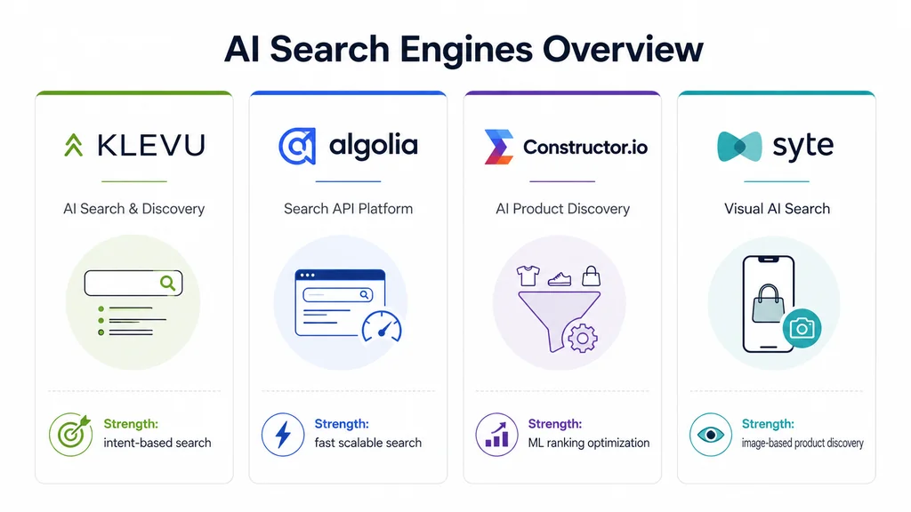 AI search engines ecommerce overview showing Klevu, Algolia, Constructor.io and Syte comparison with key strengths and use cases for product discovery
