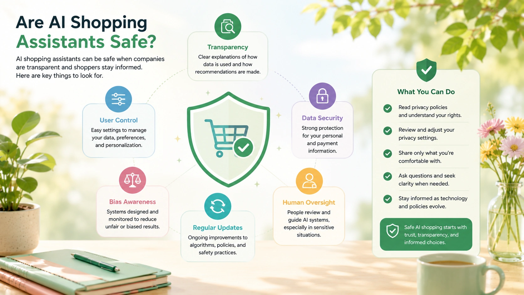AI shopping assistant safety overview showing privacy controls, transparent recommendations, data security, bias awareness, and human oversight