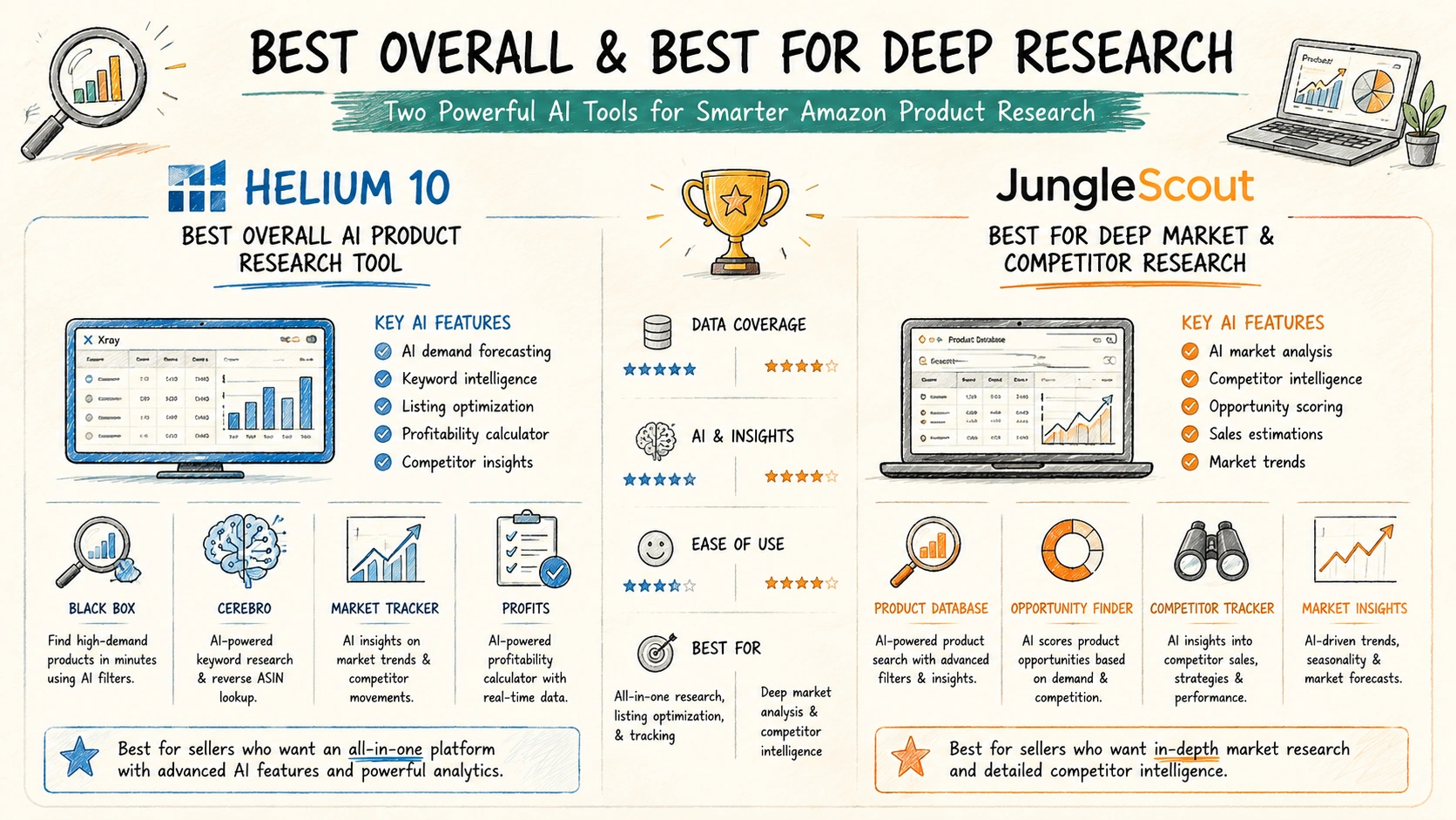 Helium 10 vs Jungle Scout comparison for Amazon product research, keyword analysis, competitor insights, and market research