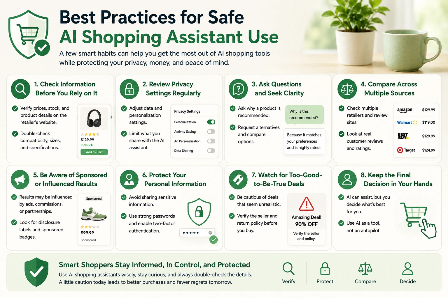 Best practices for safe AI shopping assistant use including verifying product information, reviewing privacy settings, comparing sources, spotting sponsored results, and keeping control of the final purchase