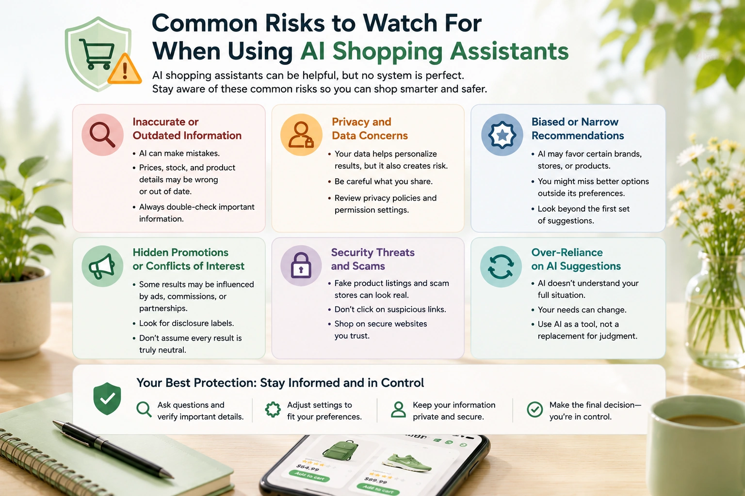 Common risks when using AI shopping assistants including inaccurate information, privacy concerns, biased recommendations, hidden promotions, security threats, and over-reliance on AI