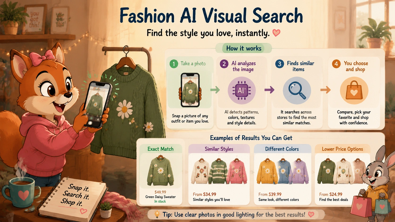 AI visual search for fashion showing how users can upload outfit photos to find similar clothing, shoes, and accessories with different prices and styles