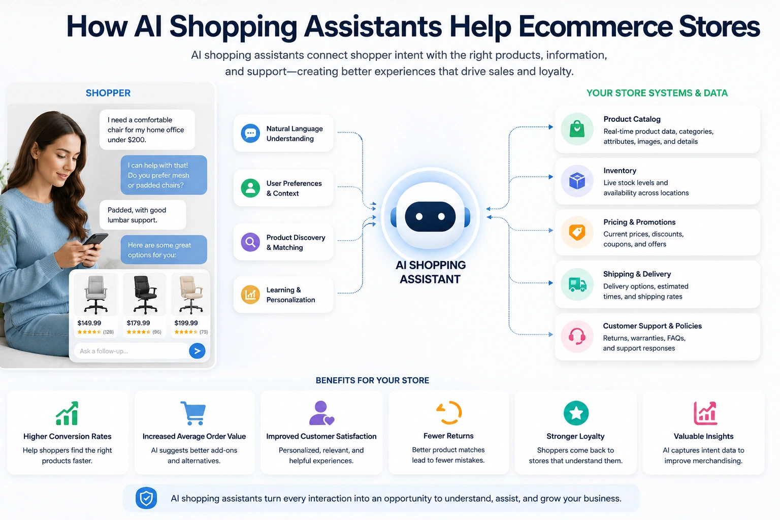 AI shopping assistant connecting shopper needs with product catalog data, inventory, pricing, delivery information, and customer support