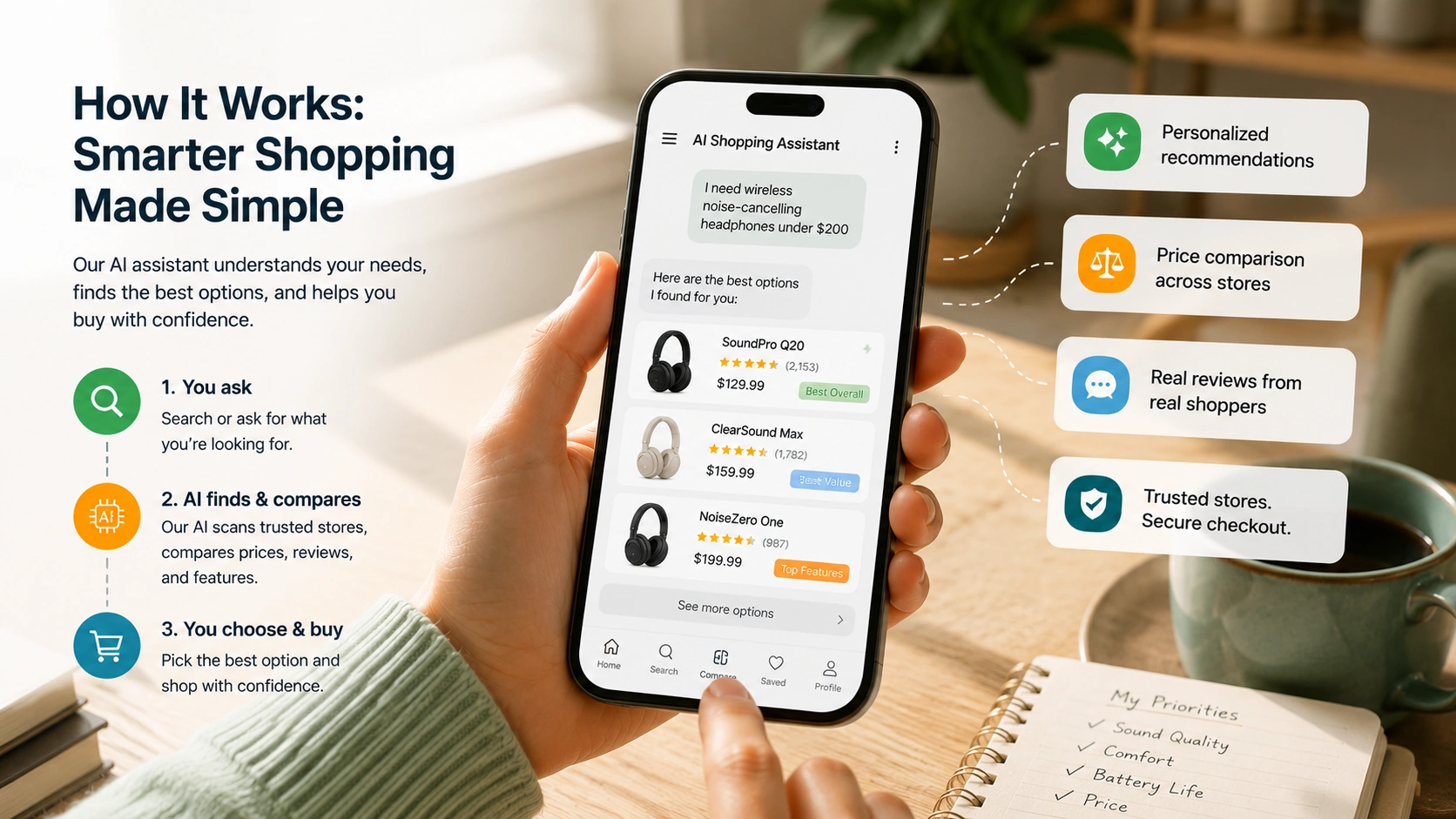 How an AI shopping assistant helps shoppers compare product recommendations, prices, reviews, and buying options