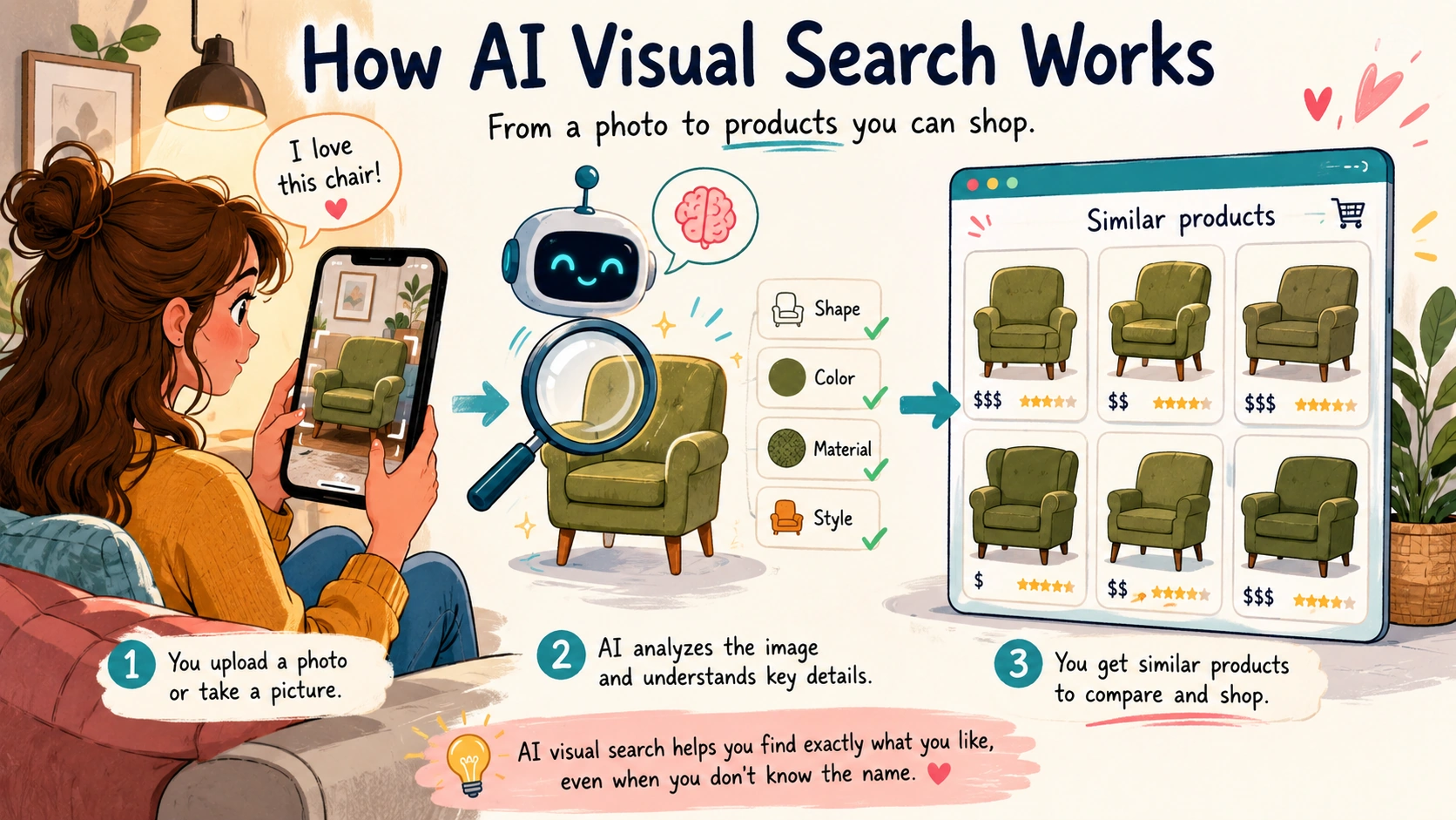AI visual search process showing how a photo of a product is analyzed and matched with similar items online, helping shoppers find products by image instead of keywords
