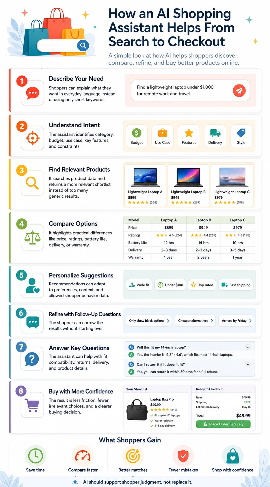 Infographic showing how an AI shopping assistant helps shoppers from search to checkout