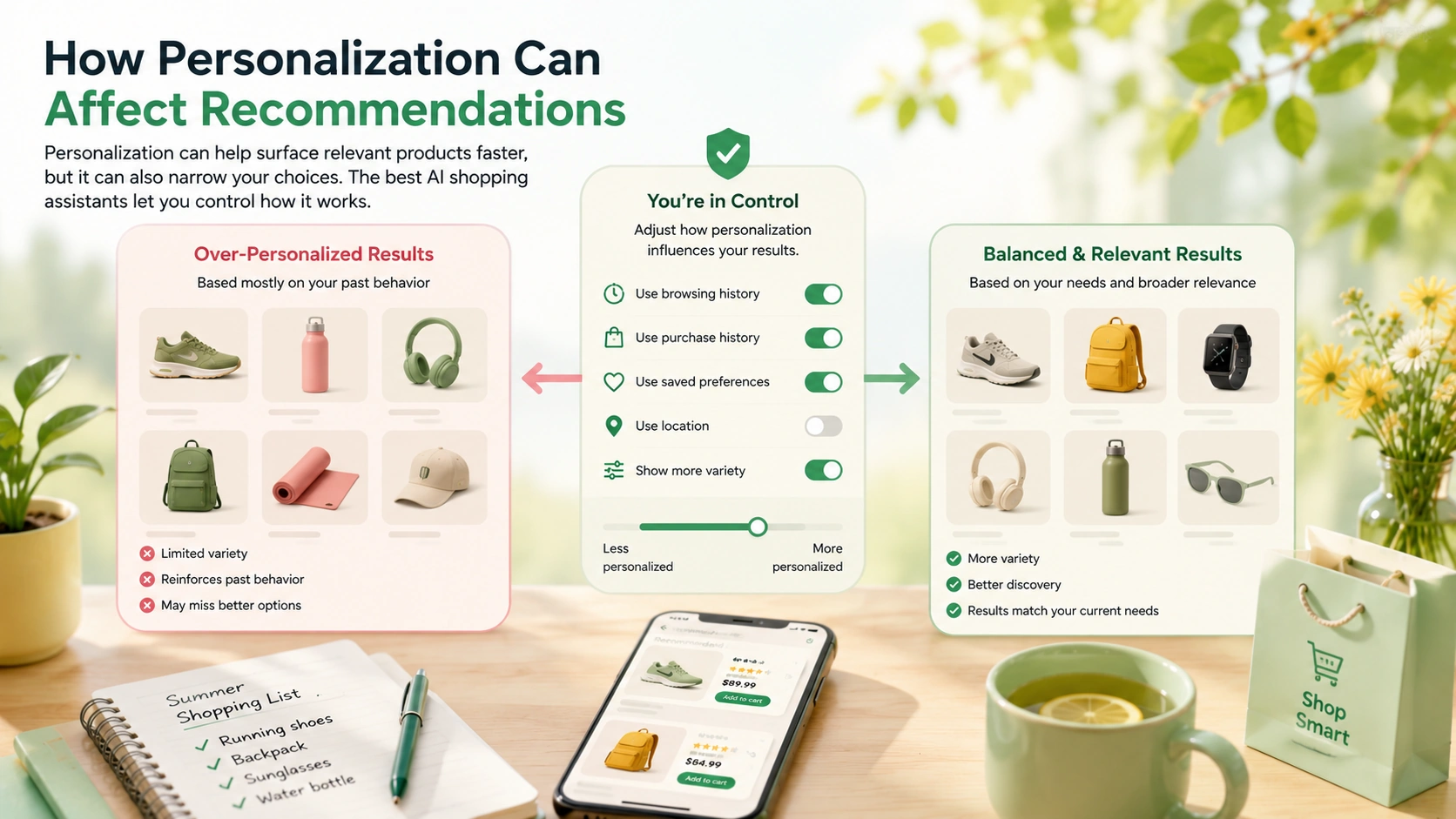 AI shopping assistant personalization settings showing the difference between over-personalized results and balanced product recommendations