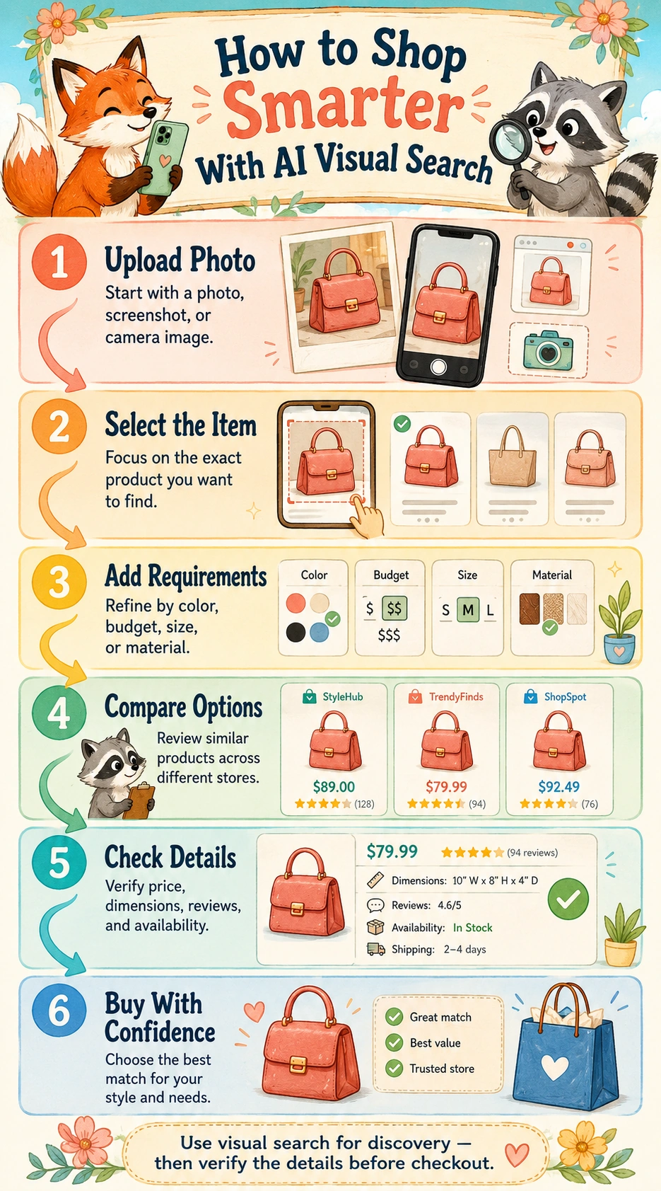 Step by step infographic showing how to shop smarter using AI visual search including upload photo, select item, compare options, check details and buy confidently