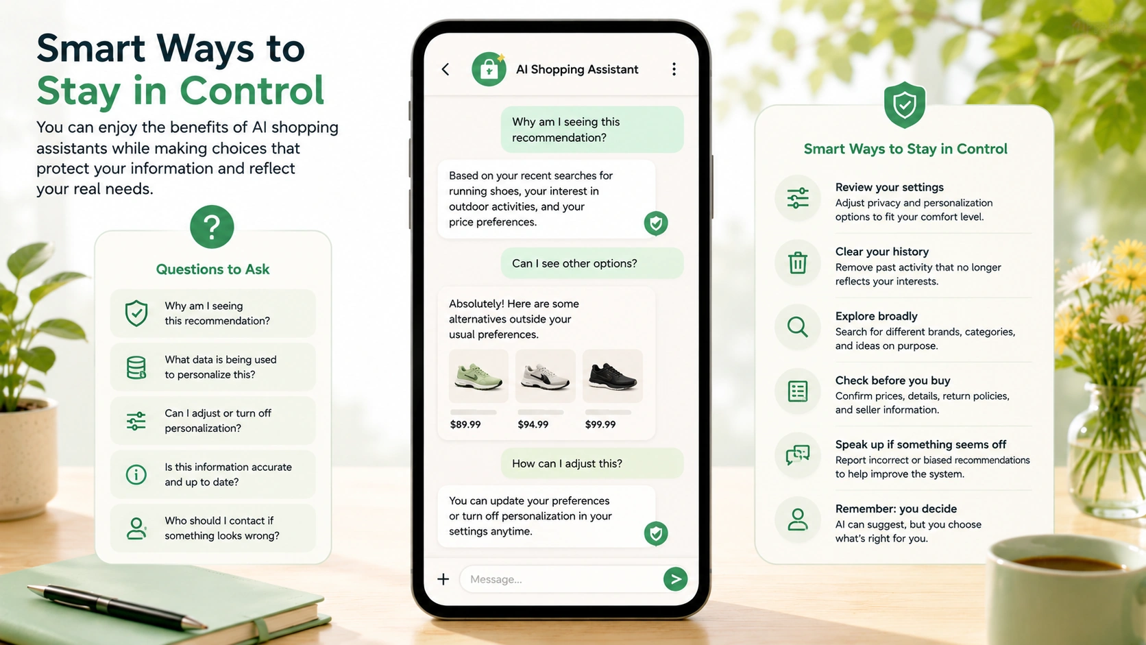 AI shopping assistant safety tips showing privacy controls, questions to ask, broader product search, and final purchase checks