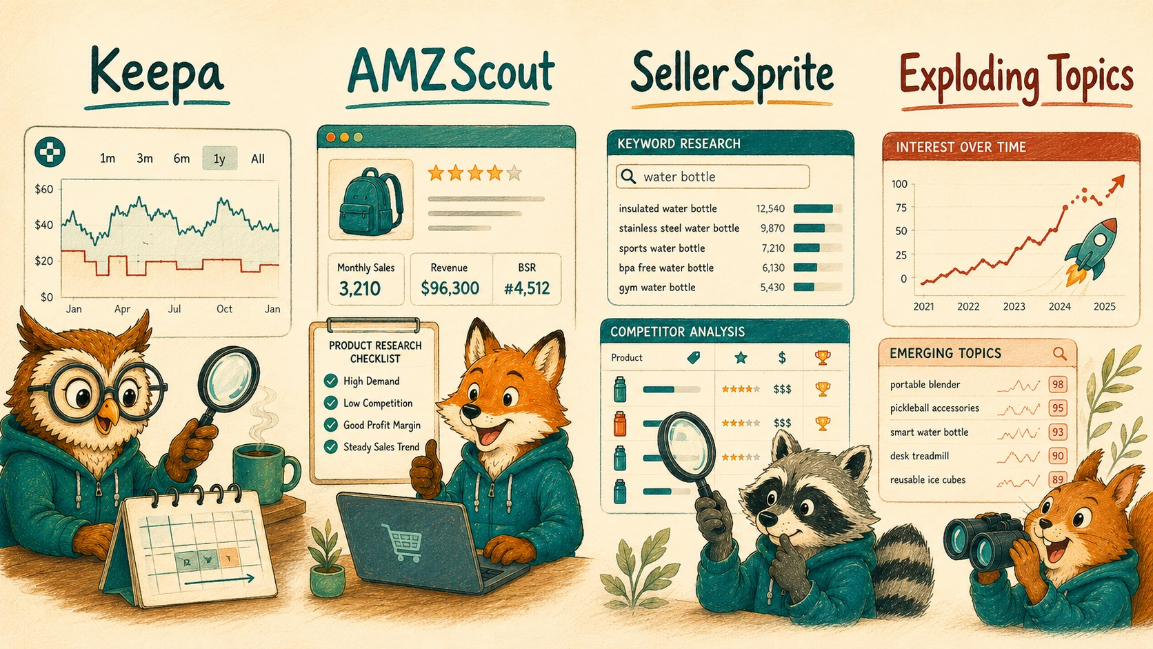 Keepa, AMZScout, SellerSprite, and Exploding Topics for Amazon price history, product research, keyword analysis, and trend discovery