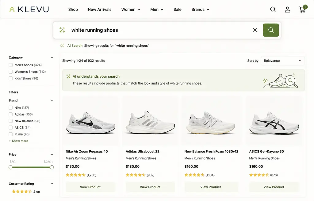 Klevu AI ecommerce search interface showing product results for white running shoes with filters and smart search suggestions