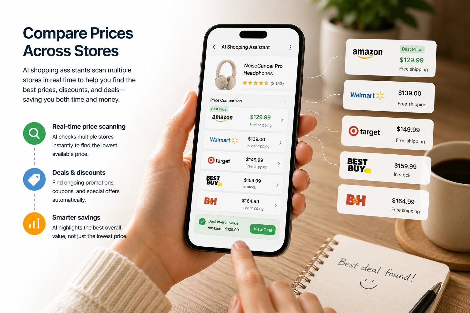 AI shopping assistant comparing product prices, deals, and store options to help shoppers find better value
