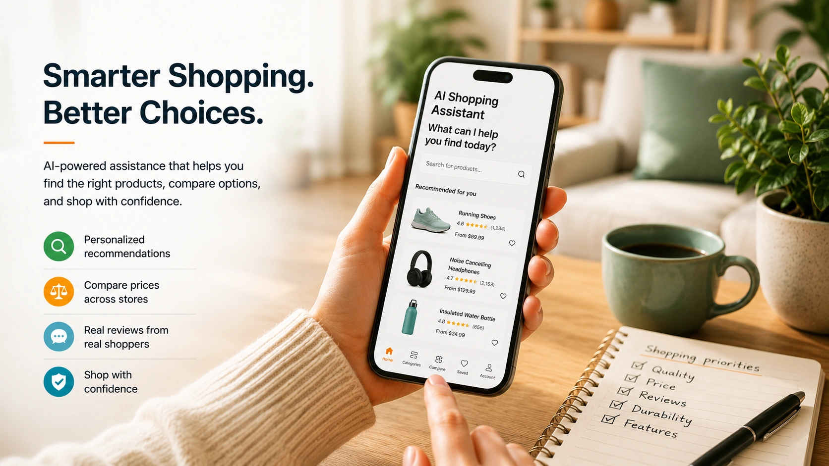 AI shopping assistant helping a shopper compare personalized product recommendations, prices, and reviews