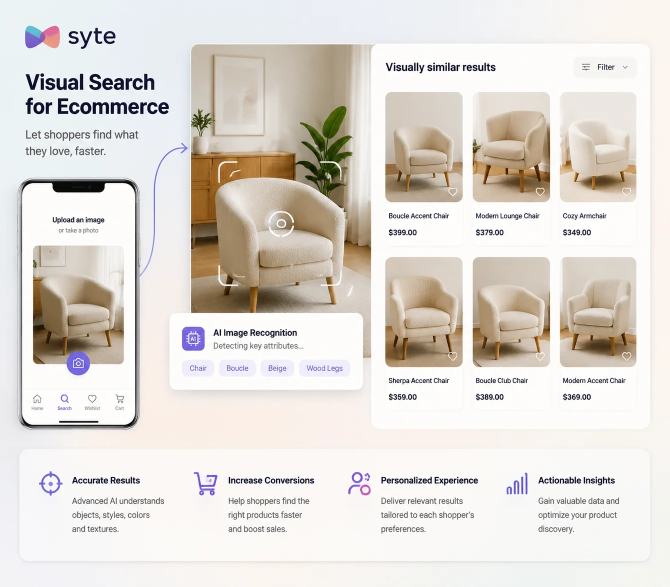 Syte AI visual search interface showing ecommerce product discovery from image upload and similar product results
