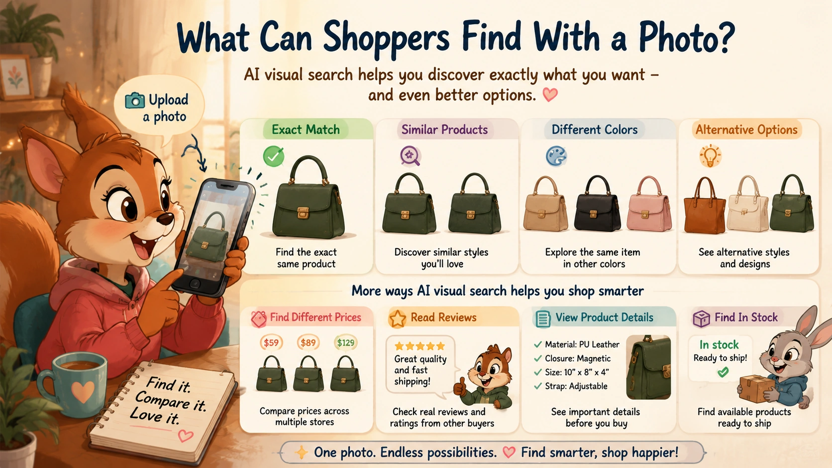AI visual search showing how a photo can return exact matches, similar products, different colors, and lower price alternatives for online shopping
