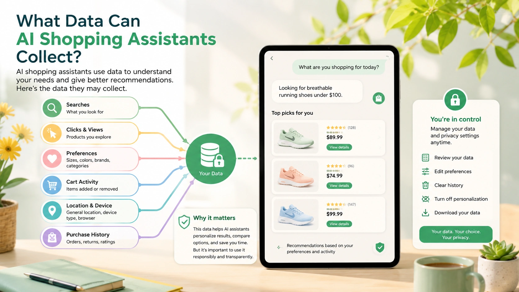 AI shopping assistant data collection showing searches, clicks, preferences, cart activity, location, purchase history, and privacy controls