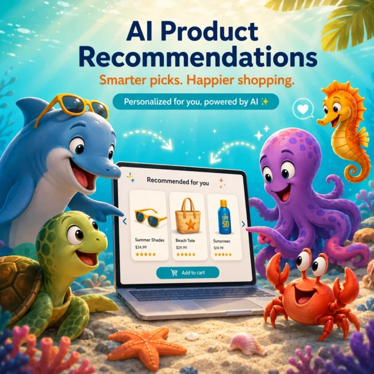 Cute underwater AI product recommendation scene with sea animals using a laptop to show personalized ecommerce shopping suggestions powered by artificial intelligence