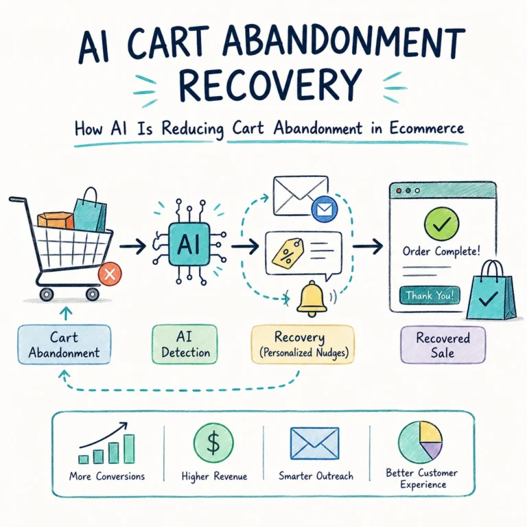 AI cart abandonment recovery process flowchart showing how ecommerce users move from cart abandonment detection to personalized recovery actions and completed purchases