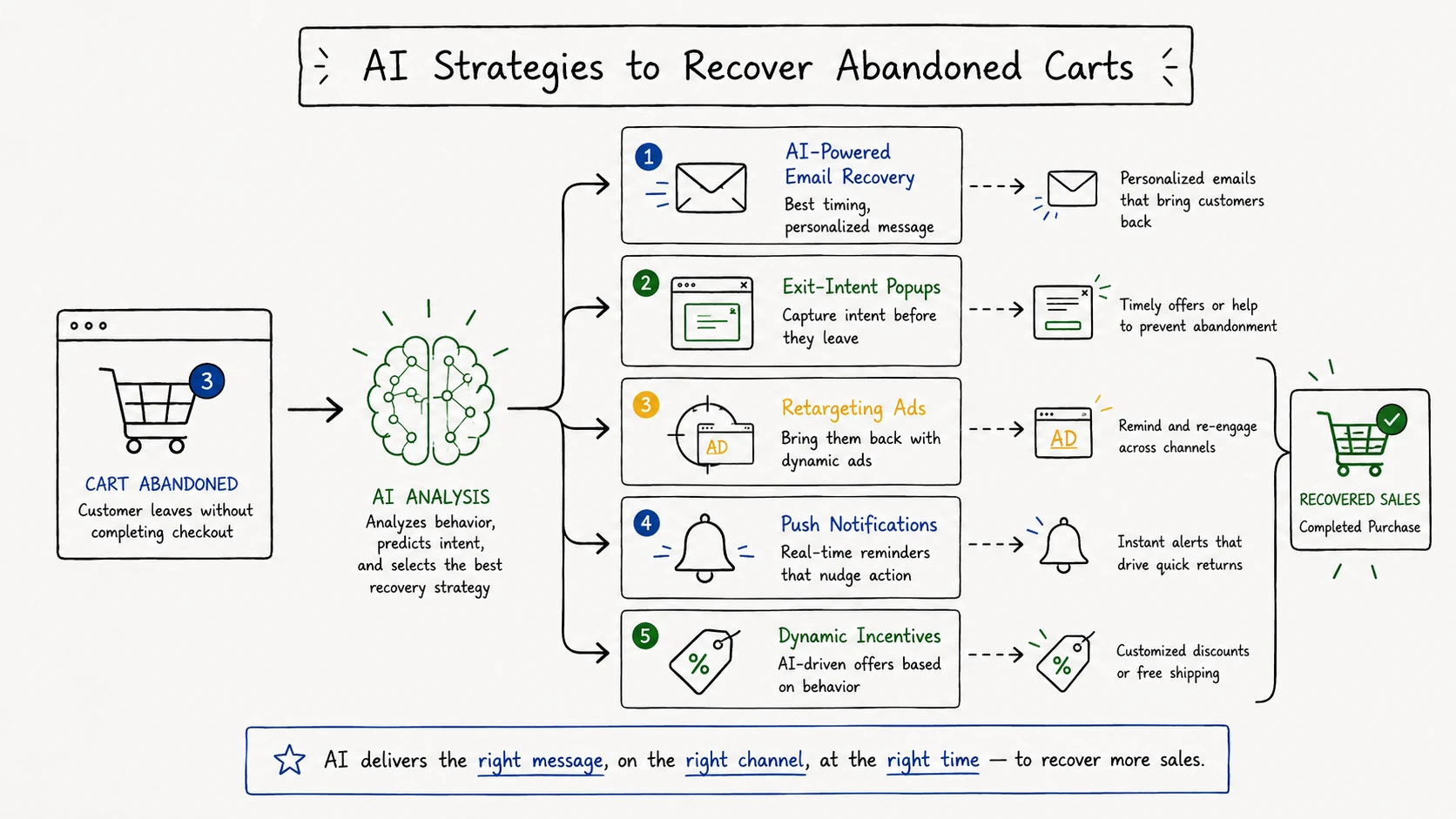 AI cart abandonment recovery strategies showing email automation, exit intent popups, retargeting ads, push notifications and dynamic incentives