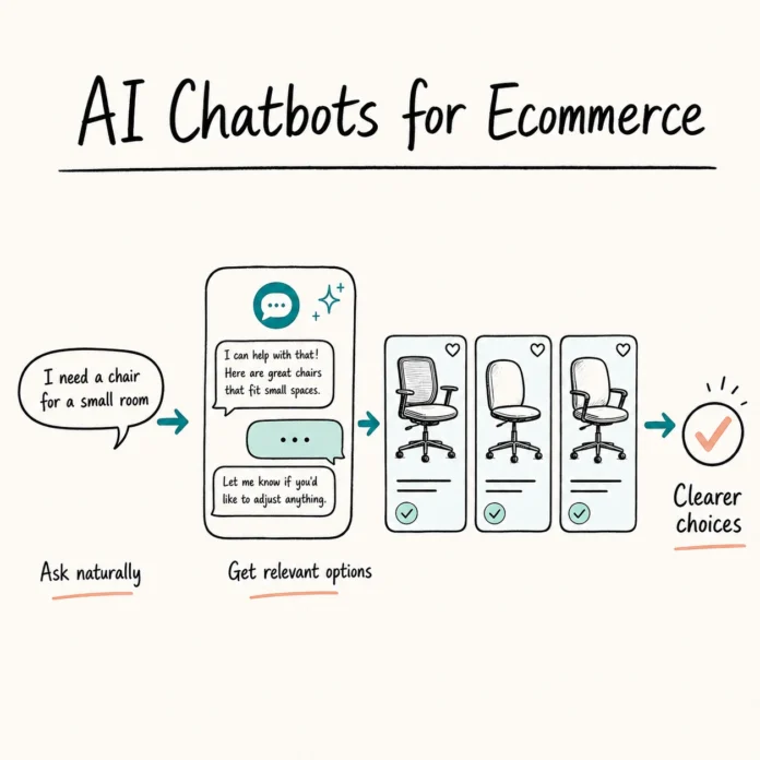 AI chatbots for ecommerce infographic showing how a shopper question leads to relevant product recommendations