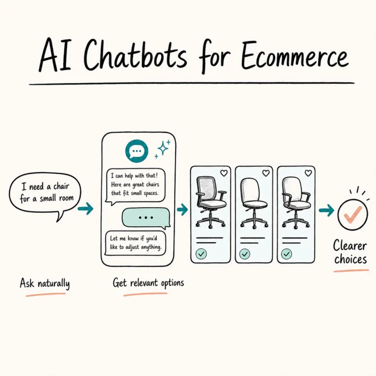 AI chatbots for ecommerce infographic showing how a shopper question leads to relevant product recommendations