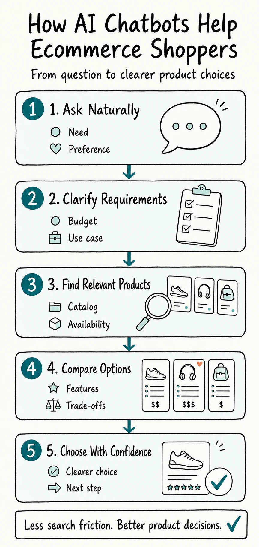 AI chatbots for ecommerce infographic showing how shopper questions become clearer product choices in five steps