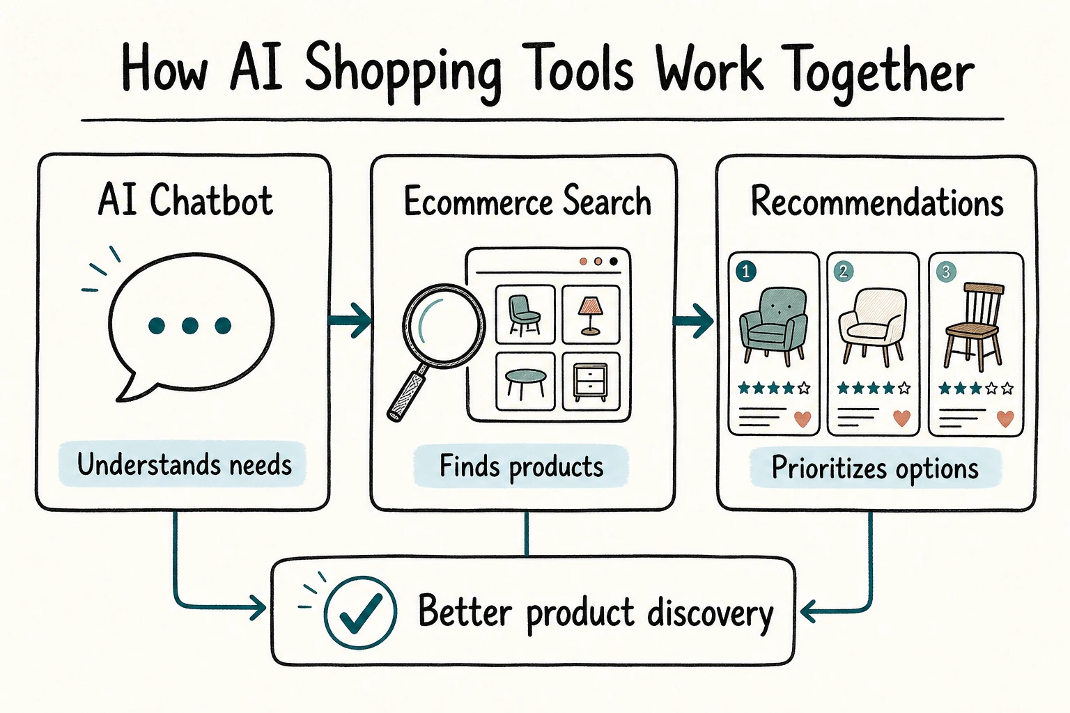 AI chatbots for ecommerce working with ecommerce search and product recommendations to improve product discovery