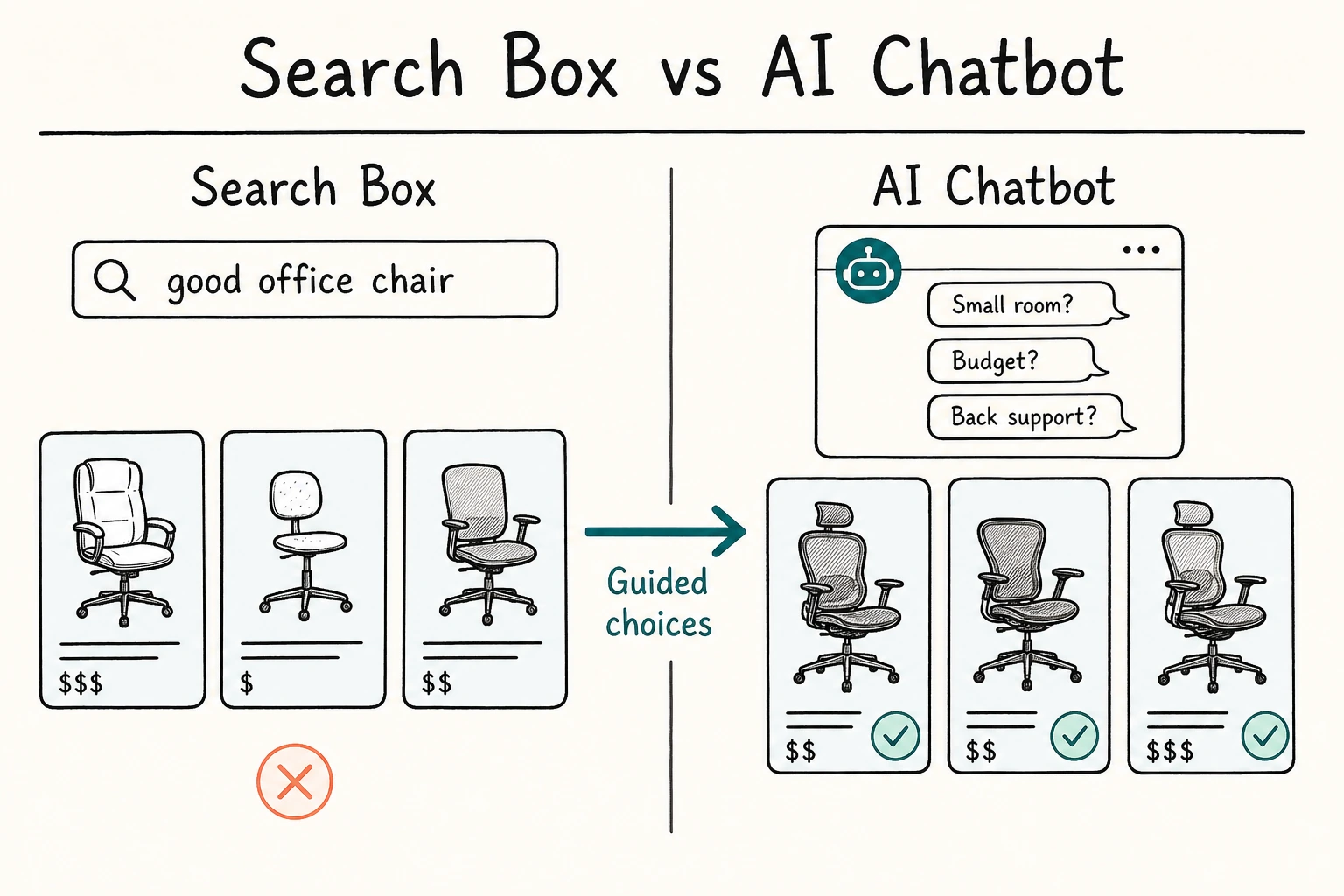 AI chatbots for ecommerce compared with keyword search for finding relevant office chair products