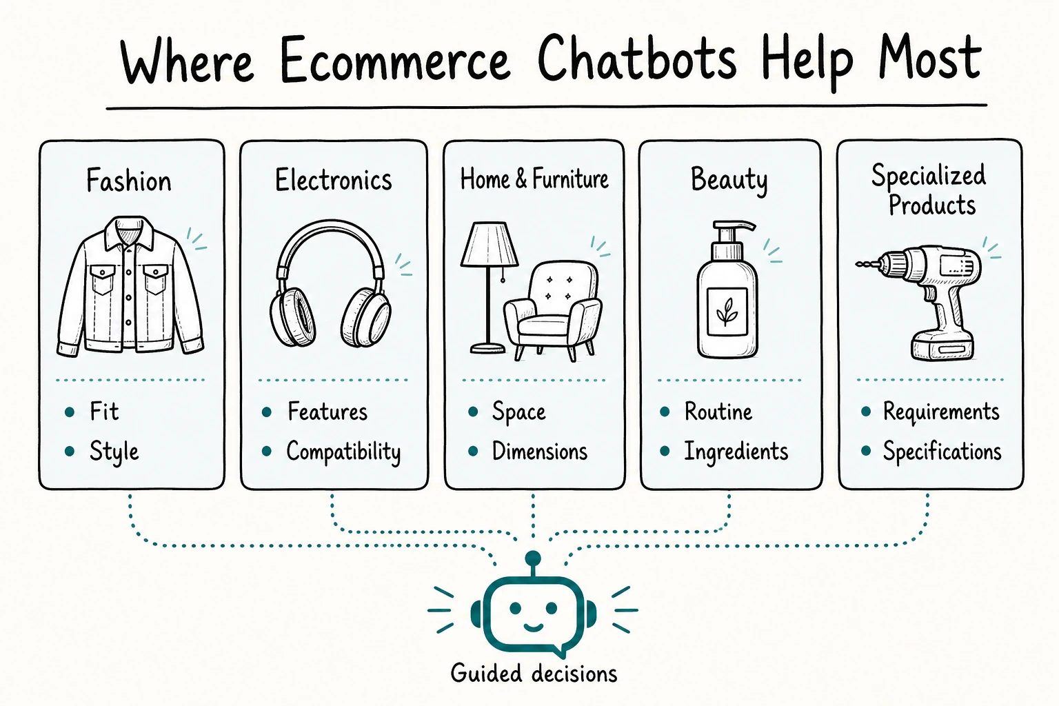 AI chatbots for ecommerce use cases in fashion, electronics, home furniture, beauty, and specialized products
