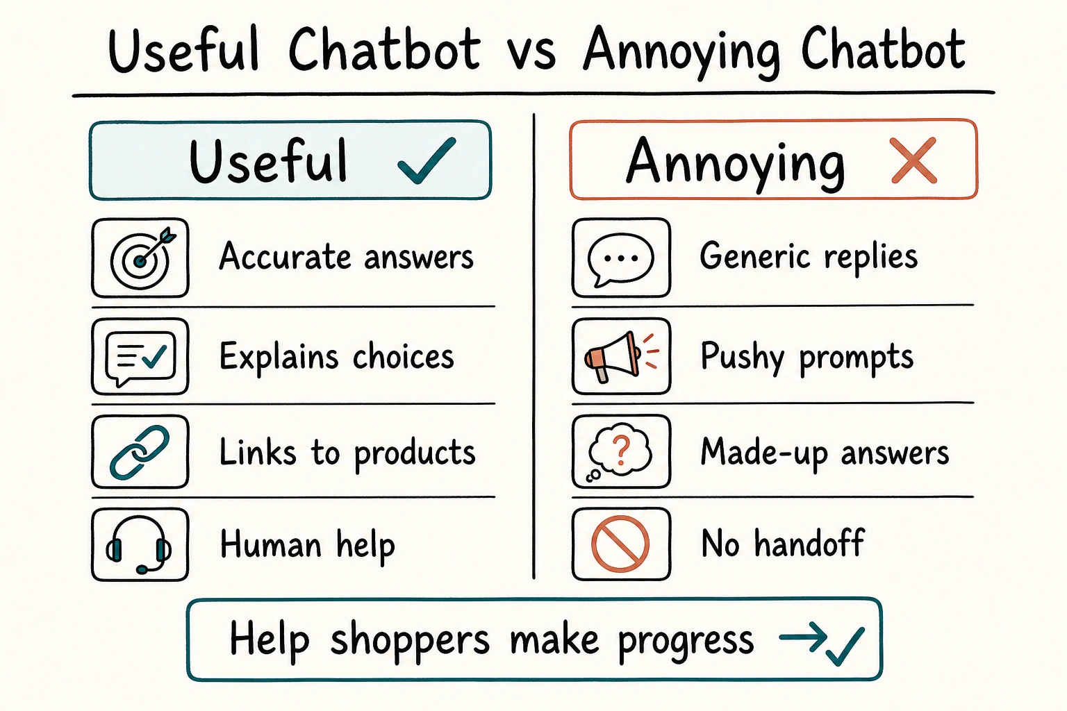 Useful versus annoying AI chatbots for ecommerce, comparing helpful answers, product links, and human support with common chatbot mistakes