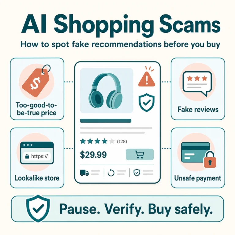 AI shopping scams infographic showing fake reviews, unsafe payment, lookalike stores, and unrealistic prices