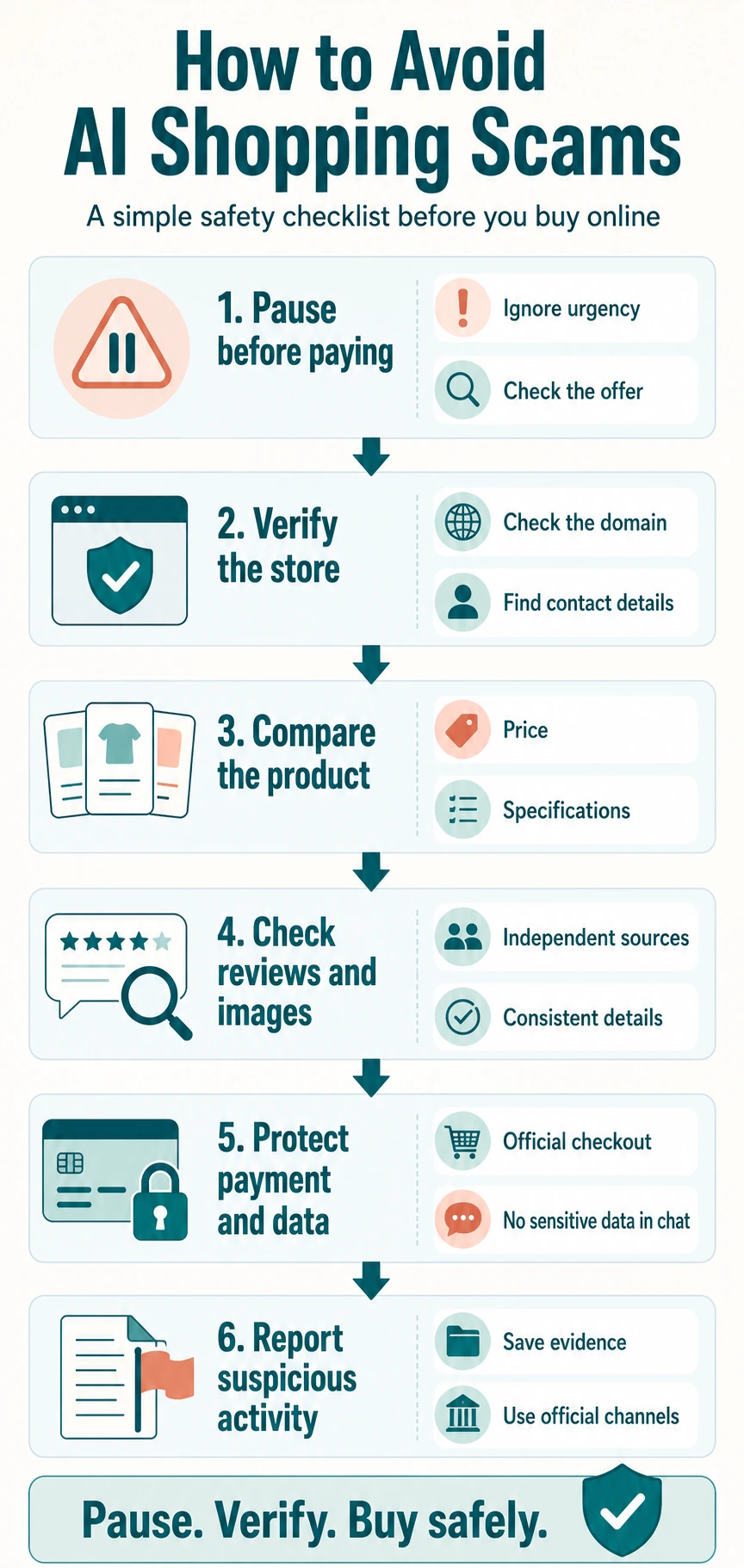 AI shopping scams infographic with six steps to verify online stores, products, reviews, payments, and suspicious activity