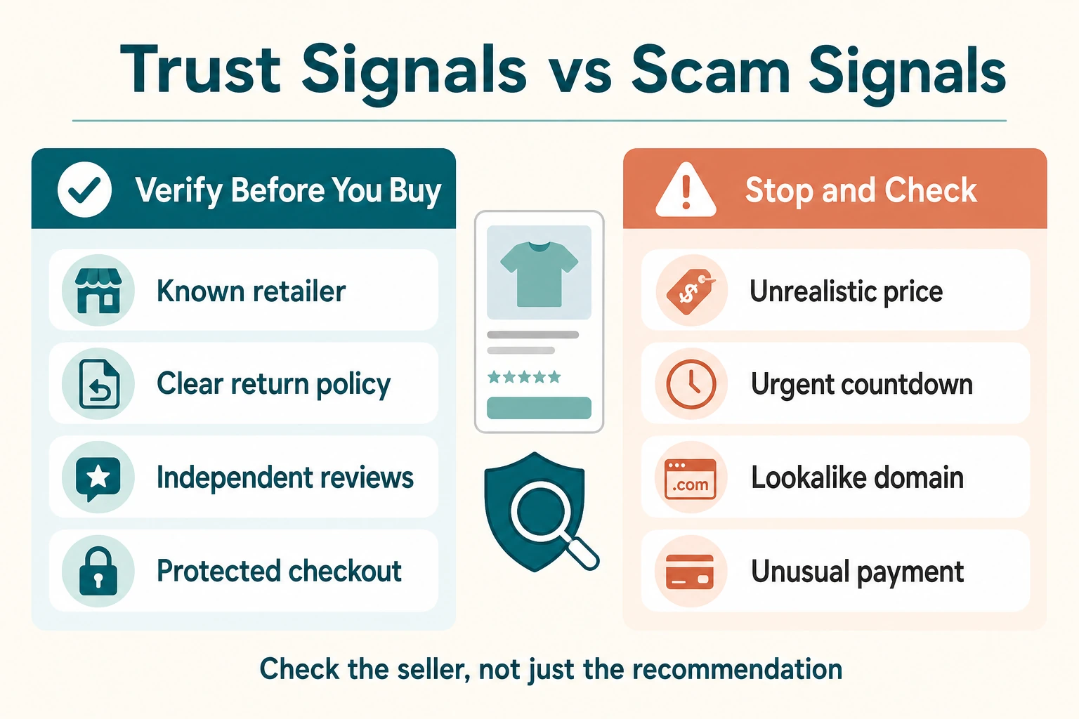 AI shopping scams comparison showing trust signals and warning signs before buying online