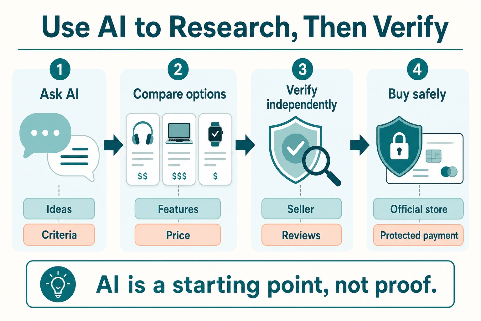 Safe AI shopping workflow from asking AI and comparing products to verifying sellers and using protected checkout