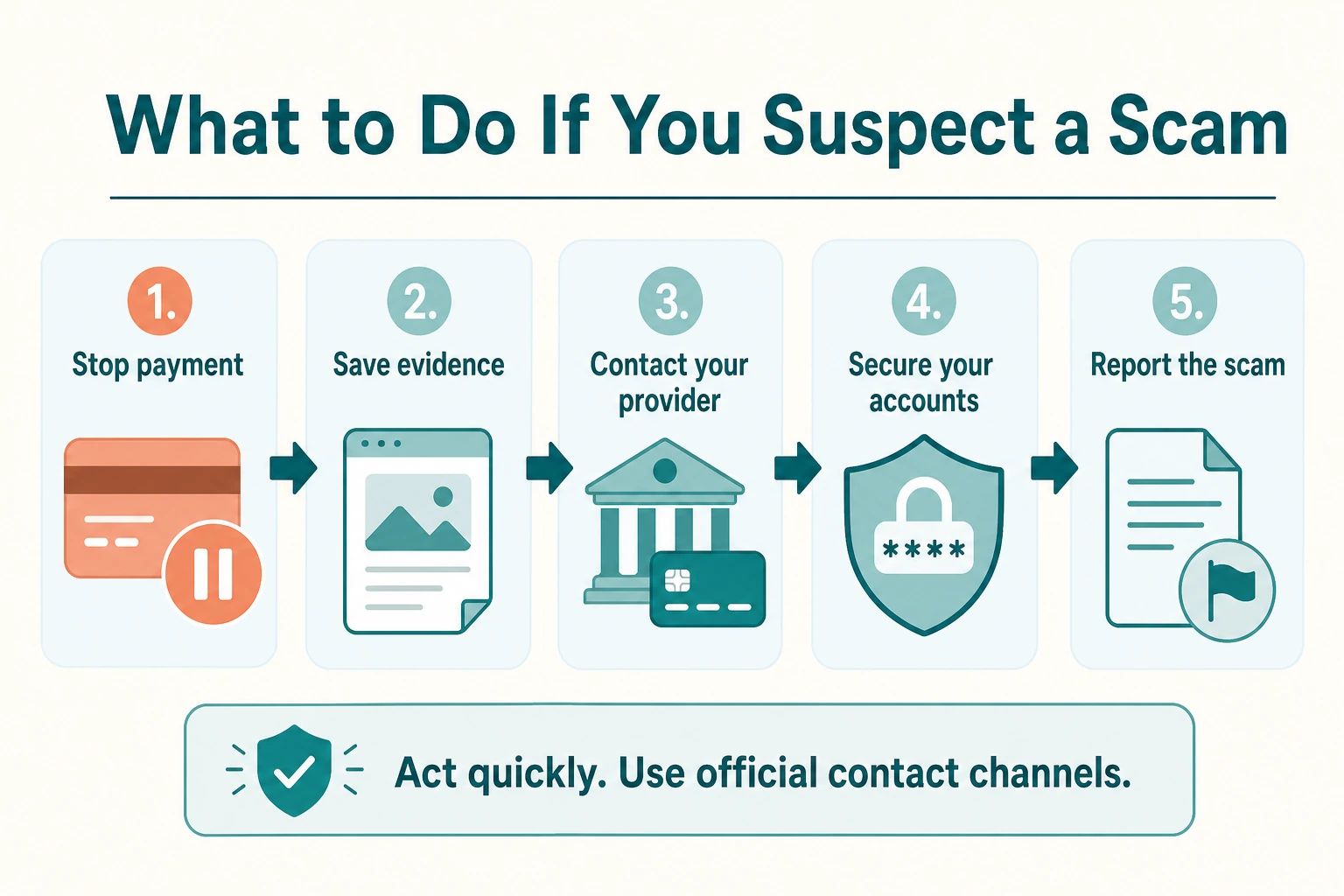 AI shopping scams action steps to stop payment, save evidence, contact a provider, secure accounts, and report fraud