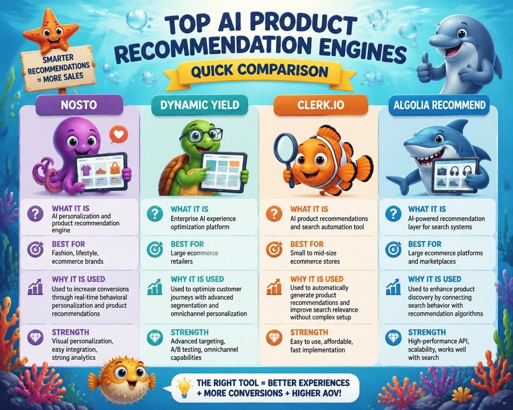 Comparison of top AI product recommendation engines for ecommerce including Nosto, Dynamic Yield, Clerk.io and Algolia Recommend with key features and use cases
