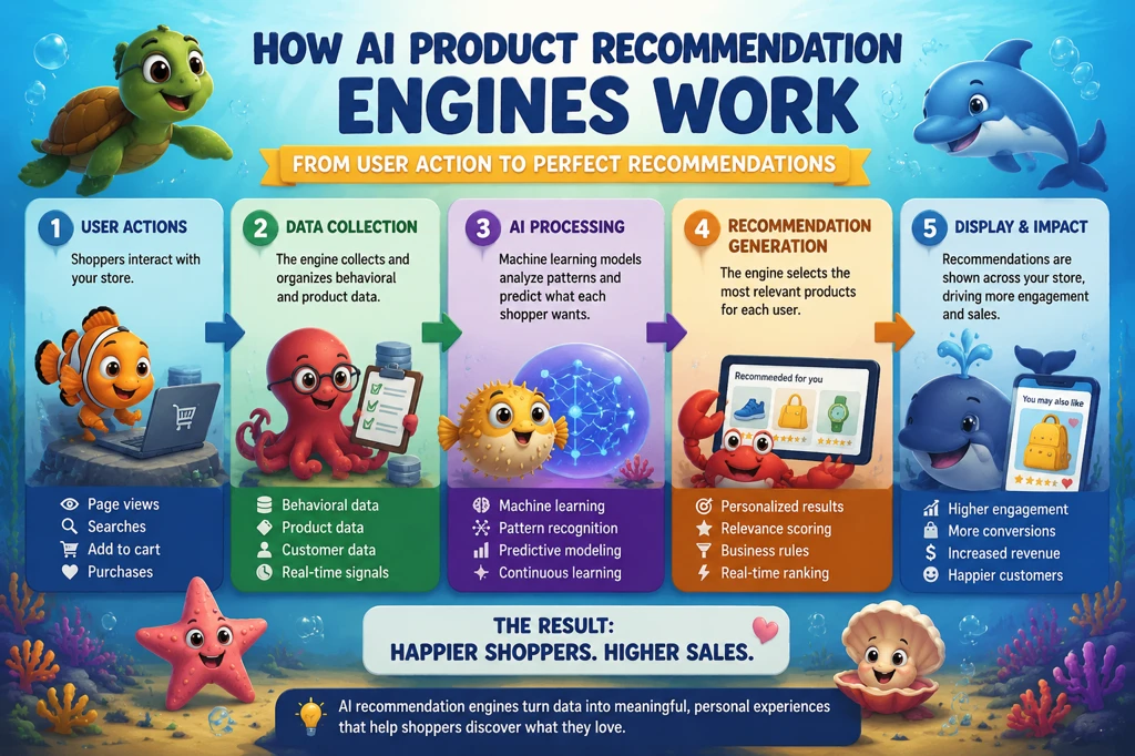 AI product recommendation engine workflow showing how user behavior data is processed through machine learning to generate personalized ecommerce product recommendations