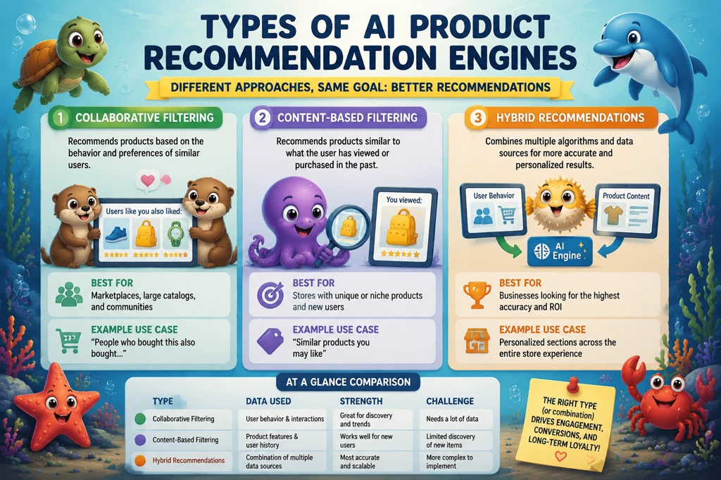 Types of AI product recommendation systems including collaborative filtering, content-based filtering, and hybrid recommendations explained with ecommerce examples