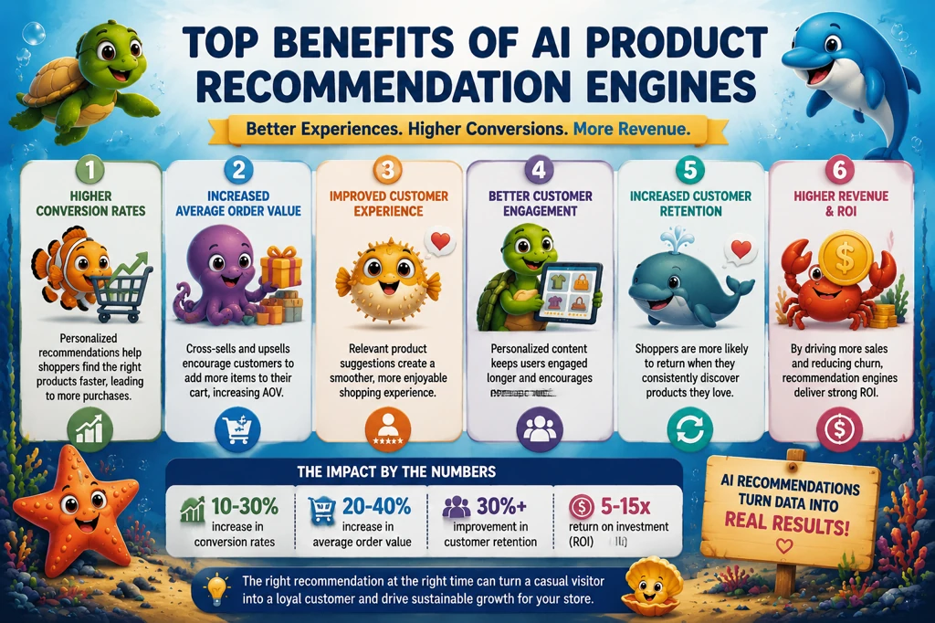 Benefits of AI product recommendation engines in ecommerce including higher conversion rates, increased average order value, customer engagement, retention and ROI improvements