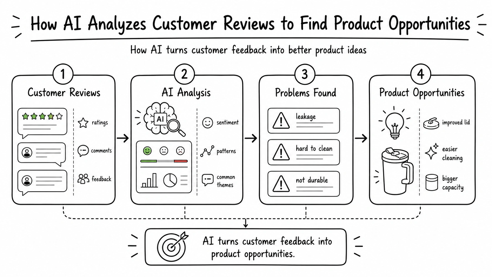 AI analyzing customer reviews to find product opportunities through ratings, comments, problem detection, and product idea generation