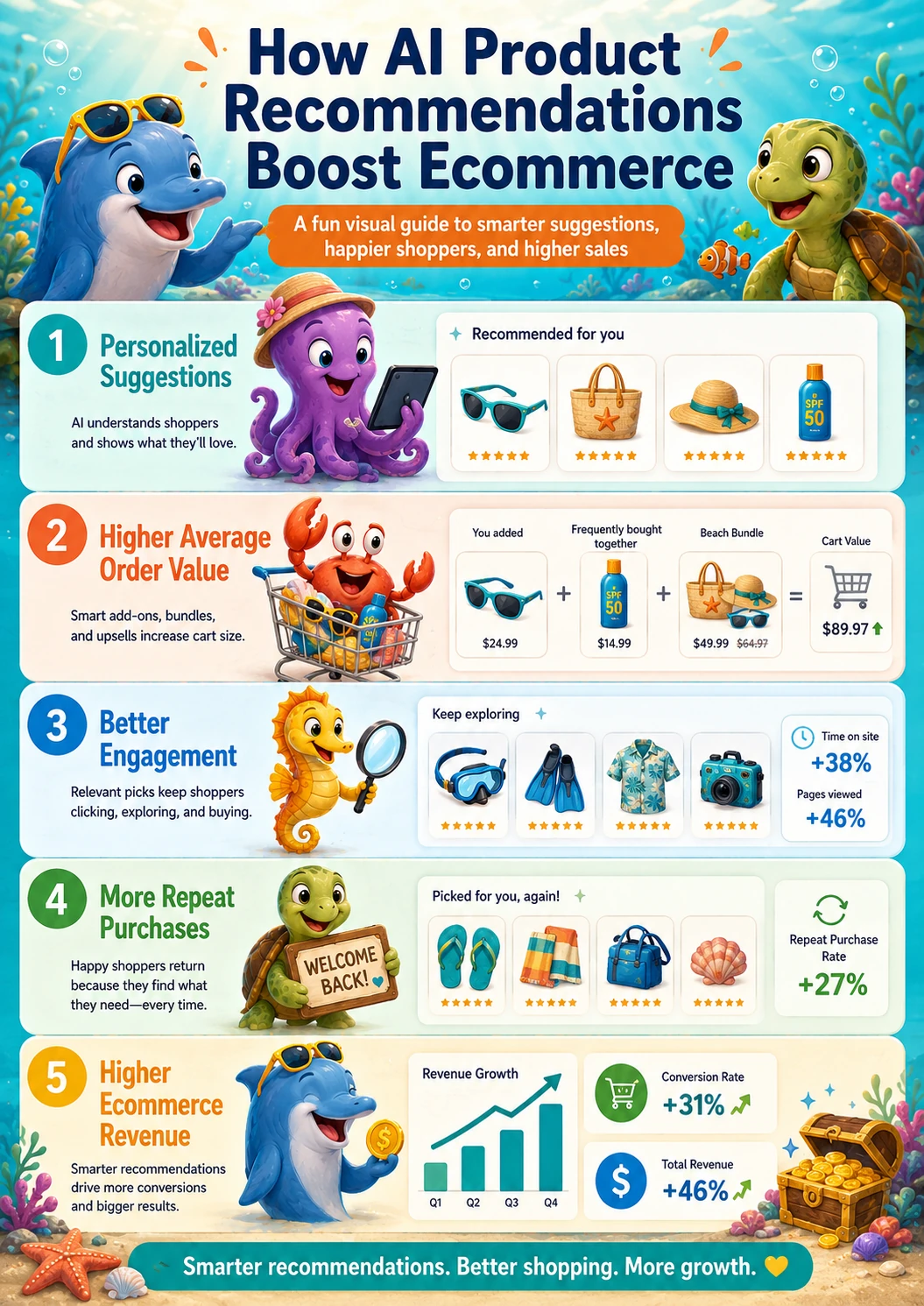 AI product recommendation benefits infographic showing ecommerce growth, conversions, engagement and revenue improvements through personalized shopping experiences