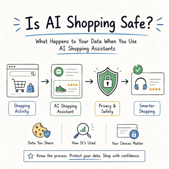 AI shopping safety infographic showing how shopping activity is processed through AI assistants into personalization while maintaining privacy and user control